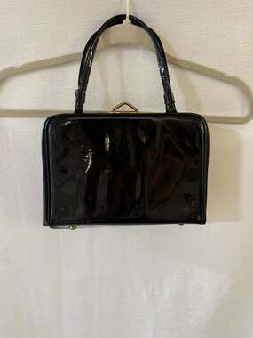 Vintage Verdi Black Patent Vinyl Frame Handbag 1960s Mid-Century